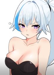 Rule 34 | 1girl, absurdres, arms at sides, bare shoulders, black leotard, blue hair, breasts, cleavage, collarbone, commentary request, dot nose, ephnel, frown, high ponytail, highres, leotard, light blue hair, looking at viewer, lower teeth only, medium breasts, neinlol, open mouth, purple eyes, shiny skin, simple background, solo, soulworker, strapless, strapless leotard, sweat, teeth, upper body, v-shaped eyebrows, white background