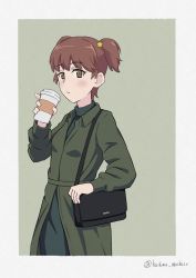 Rule 34 | 1girl, alisa (girls und panzer), bag, blush, brown dress, brown eyes, brown hair, carrying, casual, closed mouth, coffee cup, collared dress, commentary, cup, disposable cup, dress, freckles, frown, girls und panzer, grey background, hair ornament, handbag, highres, holding, holding cup, kashiwa mochizo, long sleeves, looking at viewer, one-hour drawing challenge, short hair, short twintails, solo, standing, star (symbol), star hair ornament, twintails, twitter username