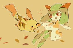 Rule 34 | 1girl, autumn leaves, blush stickers, brown background, colored skin, creatures (company), eye contact, female focus, flat chest, flying sweatdrops, full body, game freak, gen 1 pokemon, gen 3 pokemon, green hair, green skin, hair between eyes, happy, holding hands, jaggy lines, kirlia, looking at another, looking to the side, medium hair, multicolored skin, nintendo, open mouth, orange eyes, outline, oyama yoihaya, pikachu, pokemon, pokemon (creature), red eyes, sidelocks, simple background, sketch, smile, solo focus, two-tone skin, white outline, white skin