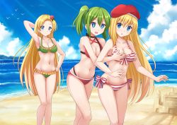 Rule 34 | + +, 3girls, arm up, armpits, beach, beret, bikini, blonde hair, blue eyes, blush, breasts, cleavage, cloud, day, grabbing, grabbing another&#039;s breast, grabbing from behind, green hair, groping, hand on own hip, hat, highres, kazenokaze, large breasts, long hair, midriff, multiple girls, navel, ocean, open mouth, original, outdoors, sand castle, sand sculpture, short hair, side-tie bikini bottom, side ponytail, sky, smile, striped bikini, striped clothes, swimsuit, water
