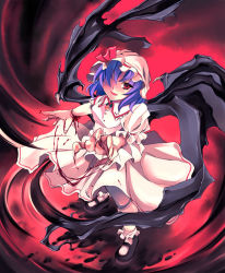 Rule 34 | 1girl, aburidashi zakuro, blood, blue hair, bonnet, bow, female focus, frills, full body, hair over one eye, mary janes, red eyes, remilia scarlet, ribbon, shoes, solo, touhou, wings