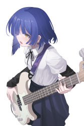 Rule 34 | 1girl, absurdres, black necktie, black shirt, blue hair, blue skirt, blunt bangs, bocchi the rock!, collared shirt, earrings, electric guitar, guitar, hair between eyes, highres, holding, holding instrument, instrument, jewelry, long sleeves, looking ahead, mole, mole under eye, music, necktie, open mouth, playing instrument, pleated skirt, shirt, shirt under shirt, short hair, short sleeves, simple background, skirt, solo, standing, upper body, white background, white shirt, yako mashiro, yamada ryo, yellow eyes