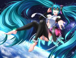 Rule 34 | 1girl, anklet, aqua eyes, aqua hair, barefoot, earth (planet), hatsune miku, hatsune miku (append), jewelry, long hair, navel, necktie, outstretched arm, outstretched hand, smile, solo, toeless legwear, twintails, very long hair, vocaloid, vocaloid append, windtalker