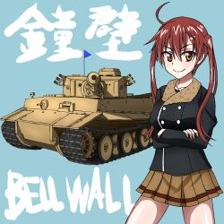 Rule 34 | 10s, 1girl, bad id, bad pixiv id, bickle (bickle1983), blue background, coat, girls und panzer, girls und panzer little army, military, military vehicle, motor vehicle, nakasuga emi, red hair, skirt, tank, tiger i, translation request, twintails, yellow eyes