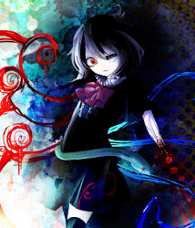 Rule 34 | 1girl, @ @, abstract, abstract background, arrow (symbol), asymmetrical wings, black hair, black sclera, black shirt, black shorts, black sleeves, black thighhighs, blue background, blue wings, bow, bowtie, buttons, center frills, collar, collared shirt, colored sclera, commentary, cowboy shot, diao ye zong, eyelashes, frilled collar, frills, half-closed eye, heterochromia, high collar, houjuu nue, leg up, light smile, long hair, mismatched pupils, mismatched sclera, mismatched wings, orange eyes, parted lips, red bow, red bowtie, red wings, shironeko (dondonmi), shirt, short sleeves, shorts, slit pupils, solo, thighhighs, touhou, wings