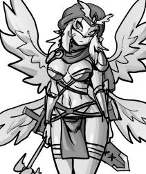Rule 34 | 1girl, angel, armor, breastplate, darcmon, digimon, greyscale, highres, long hair, maniacpaint, mask, monochrome, multicolored wings, navel, pelvic curtain, shiny skin, standing, sword, weapon, wide-eyed, wings