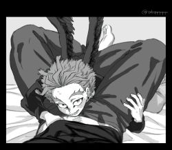 Rule 34 | 2boys, between legs, black shirt, blush, boku no hero academia, book, casual, clothes lift, couple, endeavor (boku no hero academia), feathered wings, greyscale, hand under clothes, hawks (boku no hero academia), head between thighs, holding, holding book, lifting another&#039;s clothes, male focus, monochrome, multiple boys, muscular, muscular male, navel hair, popo take, shirt, shirt lift, short hair, solo focus, spread legs, thighs, tight clothes, tight shirt, wings, yaoi