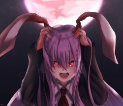 Rule 34 | 1girl, absurdres, animal ears, blazer, blouse, buttons, collared shirt, crying, full moon, glowing, glowing eyes, highres, jacket, light purple hair, long hair, moon, necktie, night, purple hair, rabbit ears, red eyes, red moon, red necktie, reisen udongein inaba, scared, screaming, shiranui (wasuresateraito), shirt, solo, tears, touhou, very long hair, white shirt, wide-eyed