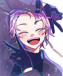 Rule 34 | arm over head, black gloves, black sweater, closed eyes, commentary request, double v, earrings, gloves, grey jacket, highres, hsh7955, jacket, jewelry, korean commentary, long sleeves, male focus, open clothes, open jacket, open mouth, purple hair, saibou shinkyoku, short hair, smile, sweater, teeth, theodore riddle, turtleneck, turtleneck sweater, upper teeth only, v, white background