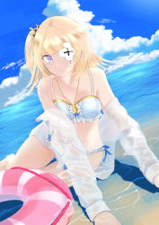Rule 34 | 1girl, absurdres, alternate costume, arm rest, azur lane, bare shoulders, beach, bikini, blonde hair, blue bikini, blue sky, bow, bow bikini, breasts, cleavage, closed mouth, cloud, cloudy sky, collarbone, cross, crown, day, eyepatch, feet out of frame, flower eyepatch, frilled bikini, frills, hair ornament, highres, hoyura, innertube, jewelry, le terrible (azur lane), le terrible (sunlight seaspray and sanctity) (azur lane), long hair, long sleeves, looking at viewer, lying, medium hair, necklace, ocean, off shoulder, official alternate costume, on side, one eye covered, one side up, open clothes, open shirt, outdoors, partially submerged, pink innertube, polka dot, polka dot bikini, purple eyes, see-through, see-through sleeves, shirt, sitting, sky, small breasts, smile, solo, swim ring, swimsuit, water, wet, wet clothes, wet shirt, white shirt
