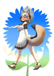 Rule 34 | 1girl, absurdres, animal ears, brown eyes, brown hair, dress, extra ears, flower, fox ears, fox girl, fox tail, gloves, grey hair, hat, highres, island fox (kemono friends), john (a2556349), kemono friends, kemono friends v project, long hair, looking at viewer, sandals, simple background, solo, sundress, sunflower, tail, virtual youtuber