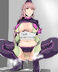 Rule 34 | 1girl, aftersex, bikini, bikini top only, boots, braid, breasts, breasts apart, closed mouth, clothes lift, covered erect nipples, crotchless, crotchless panties, cum, cum in pussy, cum on floor, cum pool, cumdrip, expressionless, fate/grand order, fate (series), female focus, florence nightingale (fate), florence nightingale (trick or treatment) (fate), full body, gloves, gluteal fold, green bikini, green gloves, green thighhighs, groin, hands up, hat, high heel boots, high heels, highres, holding, holding sign, large breasts, legs, long braid, long hair, looking at viewer, miniskirt, navel, nurse cap, official alternate costume, panties, pink hair, purple thighhighs, pussy, red eyes, shimadouma, shrug (clothing), side-tie bikini bottom, sign, simple background, single braid, skirt, skirt lift, solo, spread legs, squatting, steaming body, swimsuit, thigh boots, thighhighs, thighs, translated, uncensored, underwear
