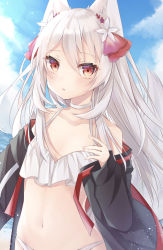 Rule 34 | 1girl, animal ear fluff, animal ears, bare shoulders, bikini, black jacket, blue sky, blush, choker, cloud, cloudy sky, collarbone, commentary request, day, flower, grey hair, hair between eyes, hair flower, hair ornament, hand up, highres, horizon, jacket, long hair, long sleeves, looking at viewer, navel, off shoulder, open clothes, open jacket, original, outdoors, parted lips, red eyes, red flower, ringouulu, sky, sleeves past wrists, solo, swimsuit, tail, tail raised, very long hair, water, white bikini, white choker, white flower