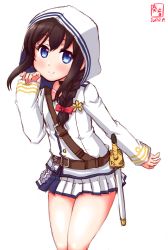 Rule 34 | 1girl, belt, black hair, blue eyes, braid, cosplay, cowboy shot, dated, hair over shoulder, highres, historical name connection, hood, hooded jacket, jacket, kanon (kurogane knights), kantai collection, logo, looking at viewer, name connection, pleated skirt, shigure (kancolle), simple background, single braid, skirt, smile, solo, strap, sword, weapon, white background, white hood, white jacket, white skirt