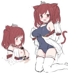 Rule 34 | 1boy, 1girl, animal ears, azur lane, bad id, bad twitter id, bar censor, blush, breasts, cat ears, cat tail, censored, coat, gulp5959, hetero, i-19 (azur lane), large breasts, nipples, open mouth, oppai loli, paizuri, penis, red eyes, red hair, simple background, sketch, smile, swimsuit, tail, thighhighs