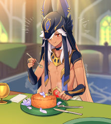 Rule 34 | 1boy, animal hat, black choker, black hat, blurry, blurry background, blush, choker, commentary request, cyno (genshin impact), dark-skinned male, dark skin, eating, egyptian clothes, flower, food, food on face, fork, genshin impact, hair between eyes, hair over one eye, hat, holding, holding spoon, indoors, long hair, male focus, meiji (meiji770), petals, plate, purple flower, red eyes, solo, spoon, steam, table, twitter username, white hair