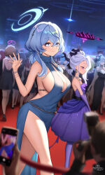 Rule 34 | 6+girls, ako (blue archive), ako (dress) (blue archive), black halo, black horns, blue archive, blue eyes, blue hair, blue halo, breasts, cellphone, commentary, crowd, dress, evening gown, hair between eyes, halo, highres, hina (blue archive), hina (dress) (blue archive), holding, holding phone, horns, large breasts, looking at viewer, makoto (blue archive), makoto (dress) (blue archive), multiple girls, official alternate costume, pantheon eve, phone, pink halo, purple dress, purple eyes, smile, thighs, walking