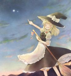 Rule 34 | 1girl, bad id, bad pixiv id, black hat, blonde hair, blush, bow, braid, broom, closed eyes, female focus, hair bow, hat, kirisame marisa, miyanonnon, night, open mouth, outdoors, pointing, ribbon, short hair, sky, smile, solo, star (symbol), touhou, witch, witch hat