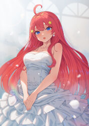 Rule 34 | 1girl, absurdres, ahoge, alternate costume, bare arms, blue eyes, blurry, blurry background, breasts, collarbone, dress, drop earrings, earrings, go-toubun no hanayome, hair ornament, highres, jewelry, light blush, looking at viewer, medium breasts, mixed-language commentary, nakano itsuki, open mouth, red hair, solo, star (symbol), star hair ornament, sunlight, wedding dress, white dress, xiayou sieg