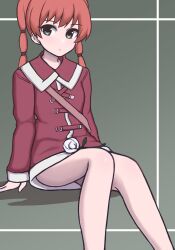 Rule 34 | 1girl, closed mouth, green eyes, highres, jacket, long hair, long sleeves, looking at viewer, multi-tied hair, nuclear cake, ran (texhnolyze), red hair, sitting, skirt, solo, texhnolyze, twintails