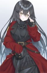 Rule 34 | 1girl, absurdres, belt, belt buckle, black belt, black dress, black hair, breasts, buckle, buttons, closed mouth, coat, cowboy shot, dandelion (girls&#039; frontline), dress, expressionless, eyelashes, girls&#039; frontline, gradient background, griffin &amp; kryuger military uniform, hair ornament, hairclip, hand up, highres, jacket, long hair, long sleeves, looking at viewer, medium breasts, multiple belts, open clothes, open coat, red coat, red jacket, rynzfrancis, simple background, skirt, sleeves past fingers, sleeves past wrists, solo, very long hair, white background, yellow eyes