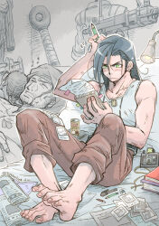 Rule 34 | 3boys, 80850love fu, alternate costume, arm up, bandana, bed, bedroom, belt, black belt, black hair, blush, book, book stack, brown pants, camera, can, canned coffee, chair, closed eyes, coffee, commentary request, dog tags, drink can, earrings, eraser, facial hair, facial scar, facing away, final fantasy, final fantasy viii, frown, furrowed brow, green eyes, gun, hand on own chest, highres, holding, holding notebook, holding pencil, hoop earrings, indoors, jacket, jewelry, kiros seagill, laguna loire, lamp, light bulb, long hair, low ponytail, machine gun, male focus, multiple boys, necklace, newspaper, night, notebook, on bed, open mouth, pants, paper, partially colored, pen, pencil, photo (object), scar, scar on cheek, scar on face, scar on mouth, scratching head, sleeping, tank top, topless male, twitter username, under covers, ward zabac, weapon, white tank top