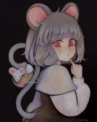 Rule 34 | 1girl, animal ears, artist name, basket, black background, closed mouth, dress, grey hair, highres, mouse (animal), mouse ears, mouse girl, nazrin, red eyes, short hair, solo, suspension, svveetberry, tail, touhou