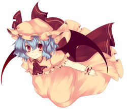 Rule 34 | 1girl, bad id, bad pixiv id, bat wings, blue hair, female focus, hat, highres, red eyes, remilia scarlet, short hair, simple background, smile, solo, touhou, uranaishi (miraura), wings, wrist cuffs