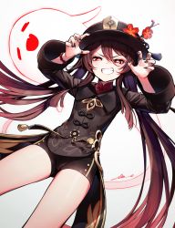 Rule 34 | 1girl, bead bracelet, beads, bracelet, brown hair, chinese clothes, claw pose, closed eyes, fang, flower, genshin impact, half-closed eyes, hat, hat flower, highres, hu tao (genshin impact), jewelry, long sleeves, nail polish, overlord (overlord80000), red eyes, ring, short shorts, shorts, solo, symbol-shaped pupils, tailcoat, teeth, top hat, twintails