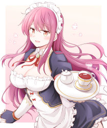 Rule 34 | :d, apron, black gloves, blush, breasts, cleavage, cup, flower, gloves, holding, holding tray, kujou riu, large breasts, long hair, looking at viewer, mahjong soul, maid, maid apron, maid headdress, open mouth, puffy short sleeves, puffy sleeves, purple hair, red eyes, rui shi (rayze ray), short sleeves, smile, teacup, tray, white headdress