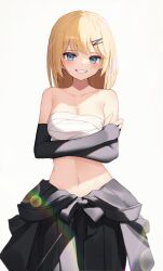 Rule 34 | 1girl, alternate costume, bare shoulders, blonde hair, blue eyes, blush, bob cut, breasts, cleavage, collarbone, grin, hair ornament, hairclip, highres, hololive, hololive english, large breasts, medium hair, navel, sarashi, simple background, smile, solo, standing, sunlight, thomas 8000, virtual youtuber, watson amelia, white background