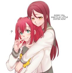 Rule 34 | 2girls, aqua eyes, arms around shoulders, artist name, artist request, blush, bow, bowtie, brown hair, candy, collarbone, female focus, food, green eyes, hair between eyes, hair ornament, hairclip, half-closed eyes, highres, holding, holding candy, holding food, kurosawa ruby, long sleeves, looking at viewer, love live!, love live! sunshine!!, multiple girls, parted lips, red hair, sailor collar, school uniform, shirt, short hair, smile, teeth, text focus, twintails, two side up, upper body, uranohoshi school uniform, white background, white shirt, yellow bow, yellow eyes