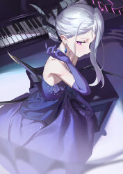 Rule 34 | 1girl, absurdres, bare shoulders, blue archive, blush, breasts, dress, earrings, elbow gloves, gloves, hair ribbon, halo, highres, hina (blue archive), hina (dress) (blue archive), horns, instrument, jewelry, looking at viewer, medium hair, multiple horns, necklace, piano, purple dress, purple eyes, purple gloves, ribbon, sb lama, small breasts, solo, swept bangs, white hair, wings