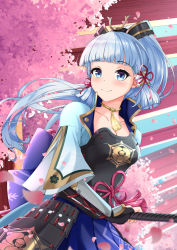 Rule 34 | 1girl, arm guards, armor, armored dress, ayaka (genshin impact), black gloves, blue eyes, blue hair, blunt bangs, bow, breastplate, breasts, cherry blossoms, cleavage, collarbone, commentary, english commentary, genshin impact, gloves, hair ribbon, hand on hilt, highres, japanese armor, jewelry, katana, large bow, light blue hair, long hair, looking at viewer, looking to the side, medium breasts, neck ring, outdoors, petals, ponytail, purple bow, ribbon, senruisa, short sleeves, sidelocks, smile, solo, sword, tassel, tress ribbon, upper body, vambraces, weapon