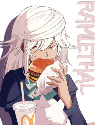 Rule 34 | alternate costume, bad id, bad pixiv id, burger, cup, dark-skinned female, dark skin, disposable cup, eating, english text, food, guilty gear, guilty gear strive, medium hair, ramlethal valentine, ribbon, silver hair, solo