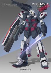 Rule 34 | beam cannon, beam saber, blue background, char&#039;s counterattack, character name, commentary, commentary request, commission, dual wielding, english commentary, full armor gundam, fusion, grey background, gun, gundam, gundam thunderbolt, harryych, highres, holding, holding gun, holding sword, holding weapon, mecha, missile pod, mixed-language commentary, mobile suit, no humans, nu gundam, pixiv commission, robot, science fiction, shadow, shield, shoulder cannon, solo, standing, sword, twitter username, two-tone background, v-fin, weapon, yellow eyes