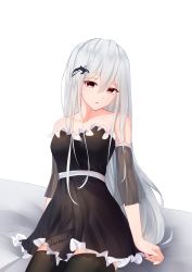 Rule 34 | 1girl, arknights, arm support, bare shoulders, belt, black dress, black thighhighs, blurry, blush, breasts, brown eyes, casual, depth of field, detached sleeves, dress, expressionless, fish, frilled dress, frills, hair ornament, hairclip, head tilt, highres, leria v, long hair, looking at viewer, multicolored hair, on bed, orca, parted lips, red eyes, signature, silver hair, simple background, sitting, skadi (arknights), sleeveless, sleeveless dress, small breasts, solo, streaked hair, thighhighs, very long hair, whale, white background