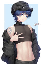 Rule 34 | 1boy, :p, absurdres, bare shoulders, black hat, black jacket, black nails, black shirt, blue eyes, blue hair, cabbie hat, commentary request, crop top, genshin impact, hat, highres, jacket, looking at viewer, male focus, midriff, nail polish, nasaniliu, navel piercing, off shoulder, open clothes, open jacket, piercing, scaramouche (genshin impact), shirt, short hair, shoulder tattoo, sleeveless, sleeveless shirt, smile, solo, stomach, tattoo, tongue, tongue out, upper body, w
