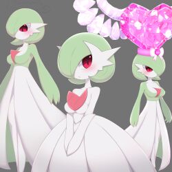 Rule 34 | 1girl, arms at sides, bare shoulders, blush, bob cut, bow, breasts, cleavage, closed mouth, collarbone, colored skin, creatures (company), dress, dynamax, elbow gloves, female focus, full body, game freak, gardevoir, gen 3 pokemon, giant, giantess, gloves, green hair, green skin, grey background, hair over one eye, hat, heart, highres, long dress, looking at viewer, looking down, medium breasts, mega gardevoir, mega pokemon, multicolored skin, multiple views, nintendo, one eye covered, open mouth, own hands together, pink gemstone, pink headwear, pokemon, pokemon (creature), red eyes, short hair, simple background, smoke, standing, strapless, strapless dress, terastallization, two-tone skin, v arms, white bow, white dress, white gloves, white skin, x (zvkm7328)