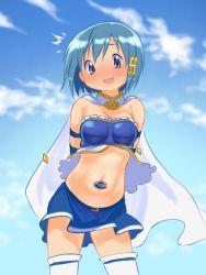 Rule 34 | 1girl, :d, arms behind back, bare shoulders, blue background, blue eyes, blue hair, blue skirt, blue theme, blush, cape, cloud, cowboy shot, day, fortissimo, frilled shirt, frills, gloamy, hair ornament, highres, magical girl, mahou shoujo madoka magica, mahou shoujo madoka magica (anime), midriff, miki sayaka, miniskirt, musical note, musical note hair ornament, navel, navel piercing, open mouth, piercing, popped button, shirt, short hair, skirt, sky, smile, solo, standing, thighhighs, thighs, wardrobe malfunction, white cape, white thighhighs, zettai ryouiki