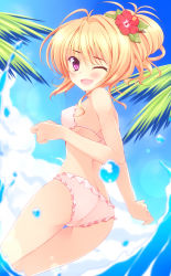 Rule 34 | 1girl, :d, absurdres, ass, azure (capriccio), bad id, bad nicoseiga id, bikini, blonde hair, blush, flower, from behind, hair flower, hair ornament, hair up, hibiscus, highres, looking at viewer, looking back, one eye closed, open mouth, original, purple eyes, smile, solo, swimsuit, water, white bikini, wink