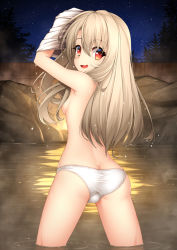 Rule 34 | 1girl, areola slip, ass, back, blonde hair, blouse, breasts, butt crack, fate/kaleid liner prisma illya, fate (series), from behind, hair over breasts, hair over one breast, healther, illyasviel von einzbern, legs apart, long hair, looking at viewer, looking back, night, night sky, onsen, open mouth, panties, partially submerged, red eyes, rock, shirt, skindentation, sky, small breasts, solo, star (sky), starry sky, steam, topless, underwear, underwear only, undressing, wading, water, water drop, wavy mouth, wet, wet hair, white panties, white shirt