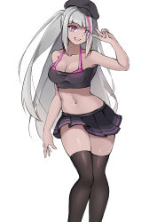 Rule 34 | 1girl, absurdres, alternate costume, bare shoulders, beret, breasts, clark (159123), cleavage, commentary, commentary request, crop top, dark-skinned female, dark skin, girls&#039; frontline, hat, highres, long hair, looking at viewer, mdr (girls&#039; frontline), medium breasts, midriff, miniskirt, multicolored hair, navel, open mouth, pink eyes, pleated skirt, shiny skin, silver hair, skirt, smile, solo, standing, streaked hair, thighhighs, v