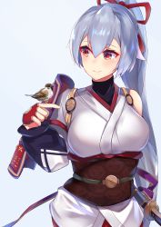 Rule 34 | 1girl, absurdres, armor, bird, bird on hand, bow, breasts, commentary request, detached sleeves, fate/grand order, fate (series), fingerless gloves, gloves, hair between eyes, headband, high ponytail, highres, japanese armor, japanese clothes, katana, kimono, kote, large breasts, nanakaku, obi, ponytail, red bow, red eyes, sash, sheath, sheathed, short kimono, shoulder armor, silver hair, sleeveless, sleeveless turtleneck, smile, sode, sword, tomoe (symbol), tomoe gozen (fate), turtleneck, weapon, white kimono