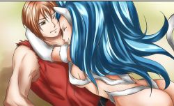 Rule 34 | 1boy, 1girl, animal ears, animal hands, artist request, ass, big hair, blue hair, breasts, capcom, cat ears, cat tail, claws, cleavage, felicia (vampire), fur, hug, ken masters, long hair, self-upload, smile, source request, street fighter, tail, vampire (game)