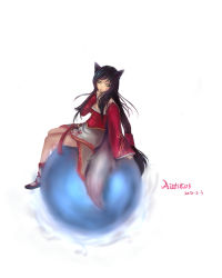 Rule 34 | 1girl, ahri (league of legends), animal ears, bad id, bad pixiv id, boots, braid, breasts, cleavage, detached sleeves, facial mark, fox ears, fox tail, full body, hand to own mouth, korean clothes, league of legends, long hair, orb, signature, sitting, small breasts, solo, tail, whisker markings, white background, yellow eyes, yukoluvj