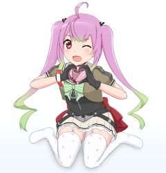 Rule 34 | 1girl, ahoge, black gloves, blush, fang, garter straps, geometrie, gloves, gradient background, gradient hair, green hair, green neckwear, hair ribbon, heart, heart hands, kantai collection, long hair, momo (kancolle), multicolored hair, one eye closed, open mouth, pink hair, pleated skirt, ribbon, sailor collar, school uniform, short sleeves, sidelocks, simple background, sitting, skin fang, skirt, solo, thighhighs, twintails, white thighhighs