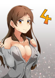 Rule 34 | 1girl, absurdres, bare shoulders, blush, breasts, brown eyes, brown hair, cleavage, gradient background, grey background, highres, idolmaster, idolmaster million live!, j yak47, kitazawa shiho, large breasts, long hair, long sleeves, looking at viewer, open clothes, smile, solo, sweat, upper body