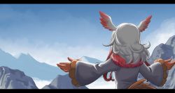 Rule 34 | 10s, 1girl, back, brown gloves, commentary request, from behind, fujinoki (horonabe-ken), gloves, gradient hair, head wings, japanese crested ibis (kemono friends), kemono friends, letterboxed, mountain, multicolored hair, outstretched arms, shade, short hair, short hair with long locks, solo, spread arms, tail, white hair, wings