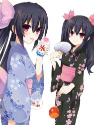 Rule 34 | 2girls, alternate costume, black hair, blush, breasts, fish, food, hair ornament, hand fan, highres, holding, japanese clothes, long hair, looking at viewer, medium breasts, multiple girls, neptune (series), noire (neptunia), paper fan, red eyes, shaved ice, siblings, simple background, sisters, smile, tongue, tongue out, twintails, two side up, uchiwa, uni (neptunia), white background, zero (ray 0805)